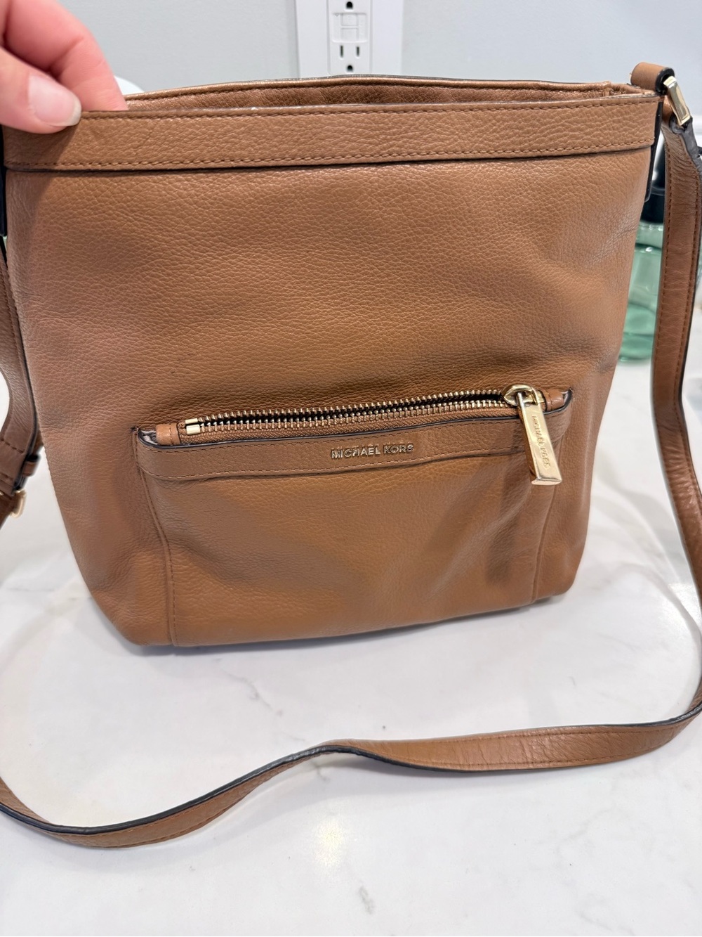 Michael Kors Bedford Small North South Crossbody Tan Pebbled Leather